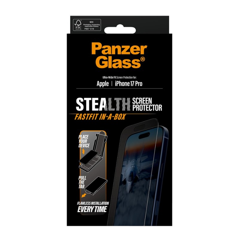 Стъклен протектор PanzerGlass за iPhone 17 Pro / 18 Pro, Stealth, UWF, инсталационен бокс, w. Black Frame | Phoneplay.bg