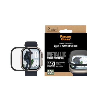 Стъклен протектор за часовник PanzerGlass за Apple Watch Ultra 49mm 2025, Black metal frame Стъклен протектор за часовник PanzerGlass за Apple Watch Ultra 49mm 2025, Black metal frame