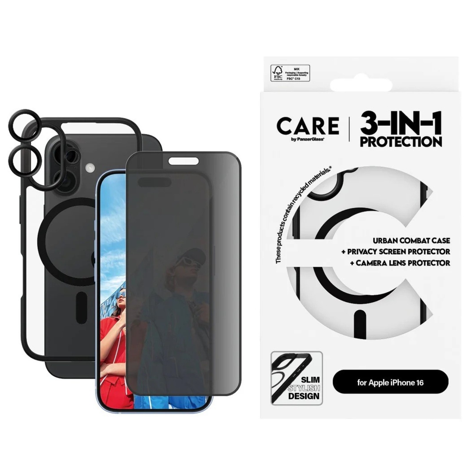 Комплект CARE by PanzerGlass за iPhone 16, Bundle Flagship 3in1 Privacy - Протектор за iPhone 16 | Phoneplay.bg