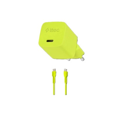 Зарядно 220V ttec SmartCharger GAN 20W PD Travel Fast Charger + USB-C - USB-C 3A Cable 120cm, Neon Yellow