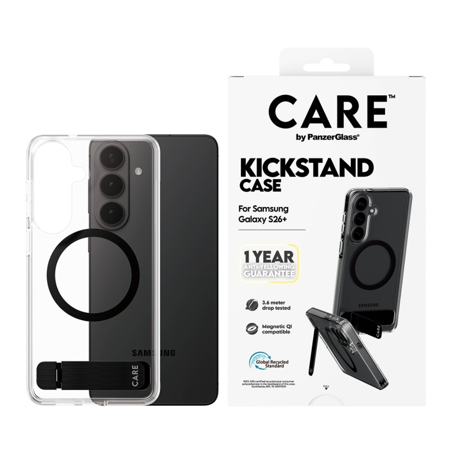 Гръб CARE by PanzerGlass за Samsung Galaxy S26 Plus, Urban Explorer Case w. Black Kickstand and Qi - Прозрачен - Калъфи за Samsung Galaxy S26+ | Phoneplay.bg