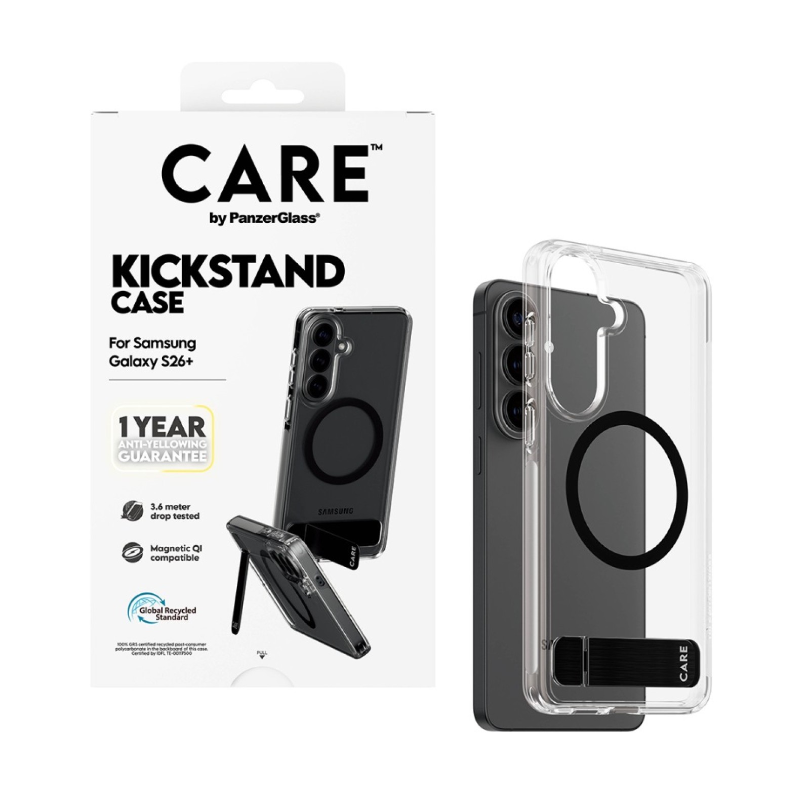 Гръб CARE by PanzerGlass за Samsung Galaxy S26 Plus, Urban Explorer Case w. Black Kickstand and Qi - Прозрачен - Калъфи за Samsung Galaxy S26+ | Phoneplay.bg