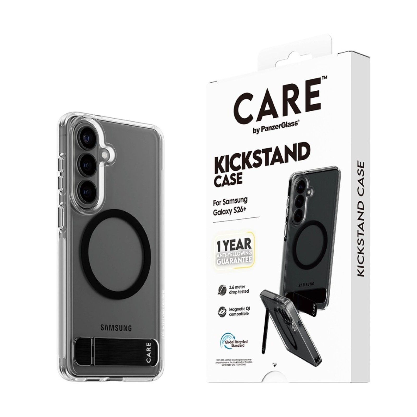 Гръб CARE by PanzerGlass за Samsung Galaxy S26 Plus, Urban Explorer Case w. Black Kickstand and Qi - Прозрачен - Калъфи за Samsung Galaxy S26+ | Phoneplay.bg