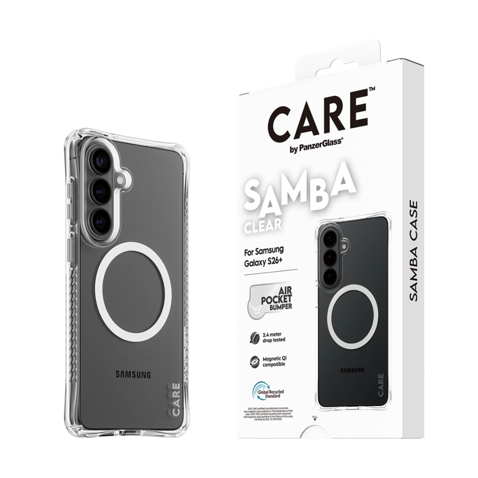 Гръб CARE by PanzerGlass за Samsung Galaxy S26 Plus, Samba Case w. White Qi - Прозрачен - Калъфи за Samsung Galaxy S26+ | Phoneplay.bg