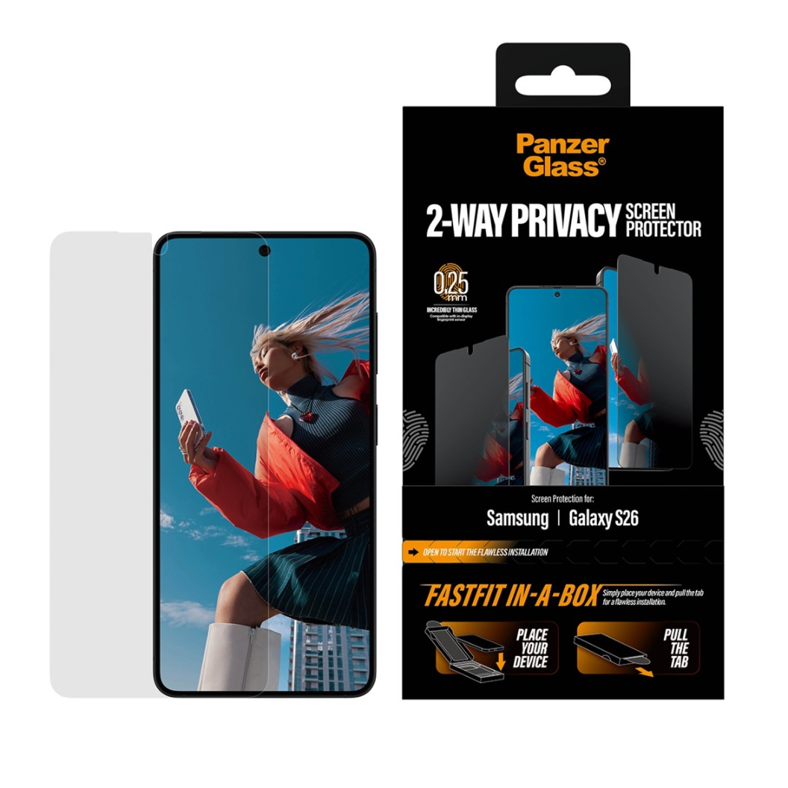 Стъклен протектор PanzerGlass за Samsung Galaxy S26, 2-Way Privacy, Ultra-Wide Fit w. FASTFIT IN-A-BOX - Протектор за Samsung Galaxy S26 | Phoneplay.bg