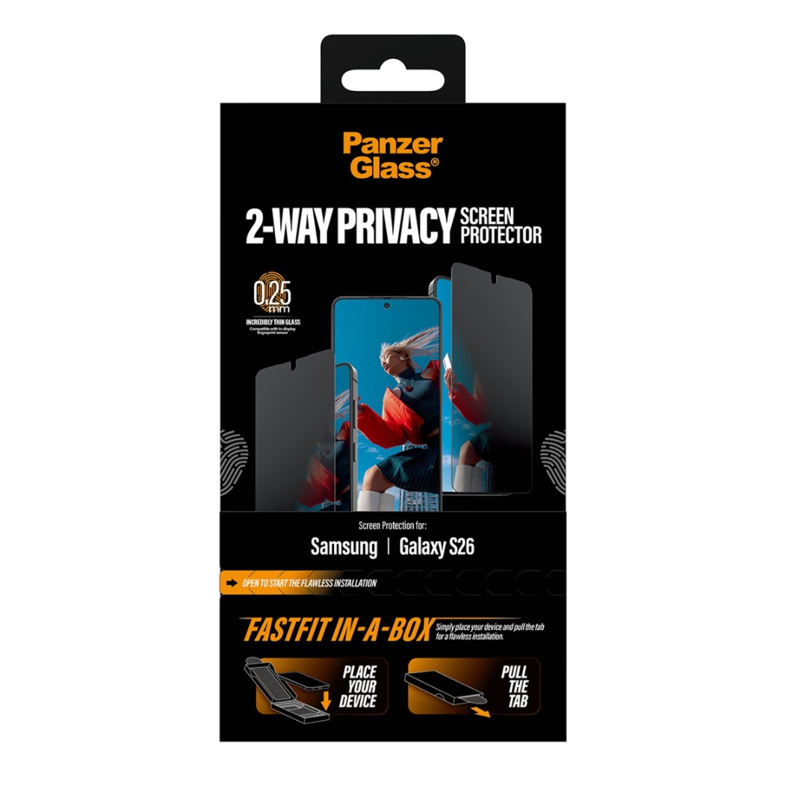 Стъклен протектор PanzerGlass за Samsung Galaxy S26, 2-Way Privacy, Ultra-Wide Fit w. FASTFIT IN-A-BOX - Протектор за Samsung Galaxy S26 | Phoneplay.bg