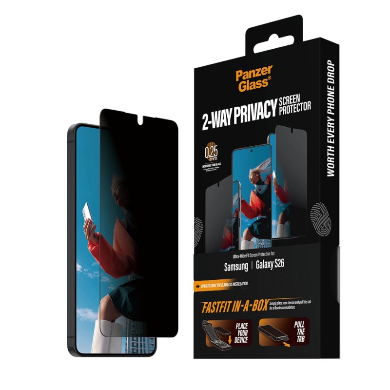 Стъклен протектор PanzerGlass за Samsung Galaxy S26, 2-Way Privacy, Ultra-Wide Fit w. FASTFIT IN-A-BOX - Протектор за Samsung Galaxy S26 | Phoneplay.bg