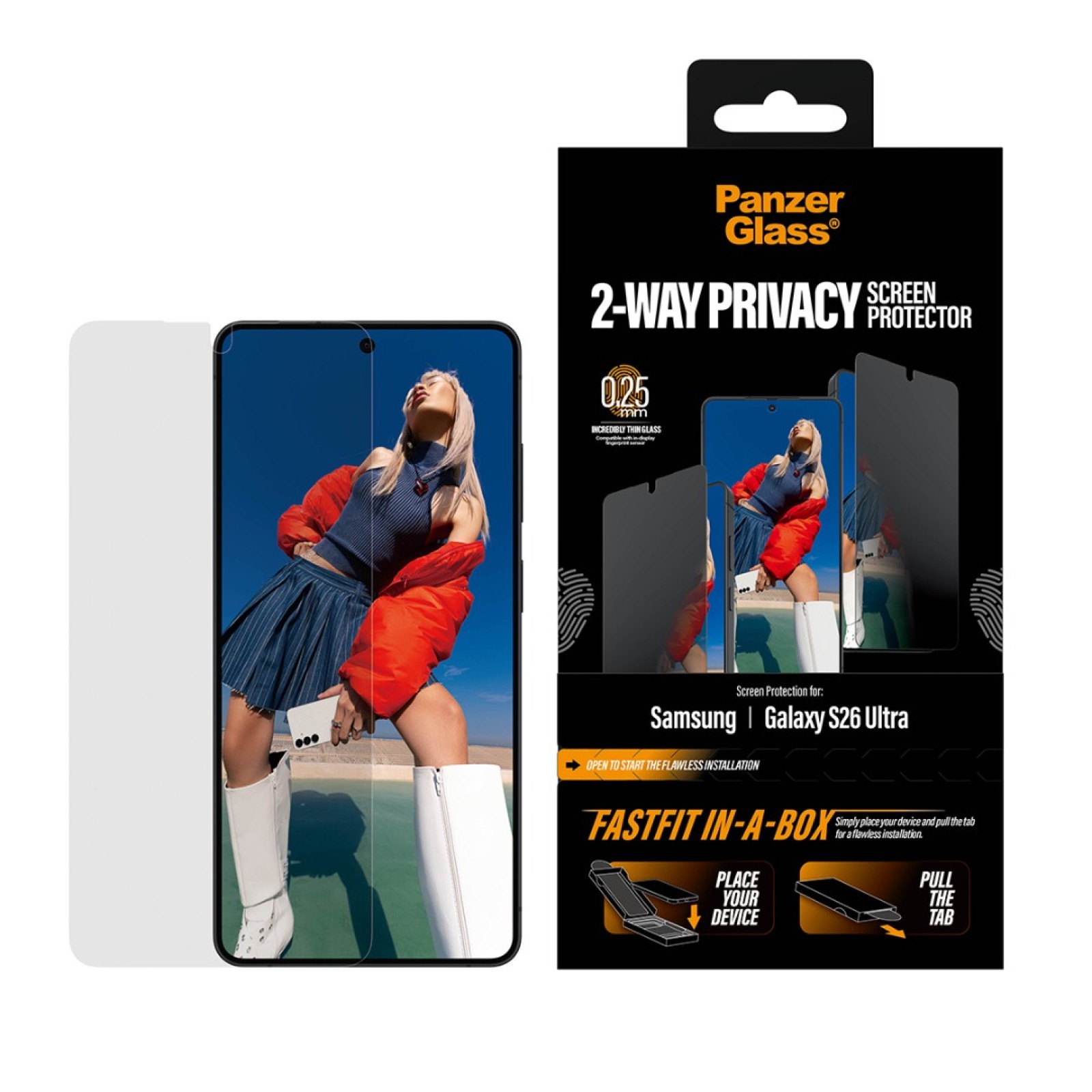 Стъклен протектор PanzerGlass за Samsung Galaxy S26 Ultra, 2-Way Privacy, Ultra-Wide Fit w. FASTFIT IN-A-BOX - Протектор за Samsung Galaxy S26 Ultra | Phoneplay.bg