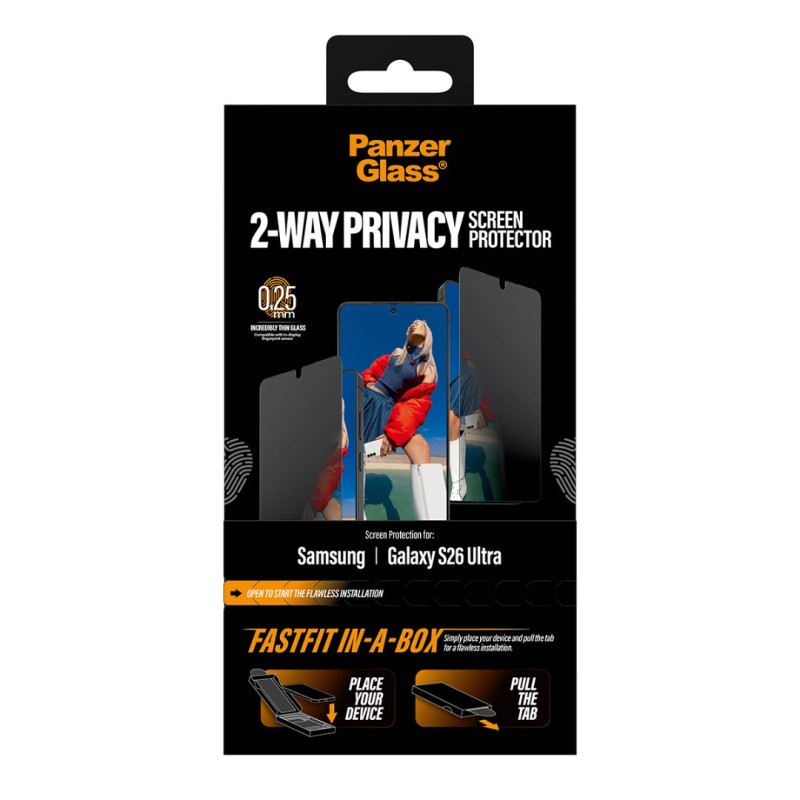 Стъклен протектор PanzerGlass за Samsung Galaxy S26 Ultra, 2-Way Privacy, Ultra-Wide Fit w. FASTFIT IN-A-BOX - Протектор за Samsung Galaxy S26 Ultra | Phoneplay.bg