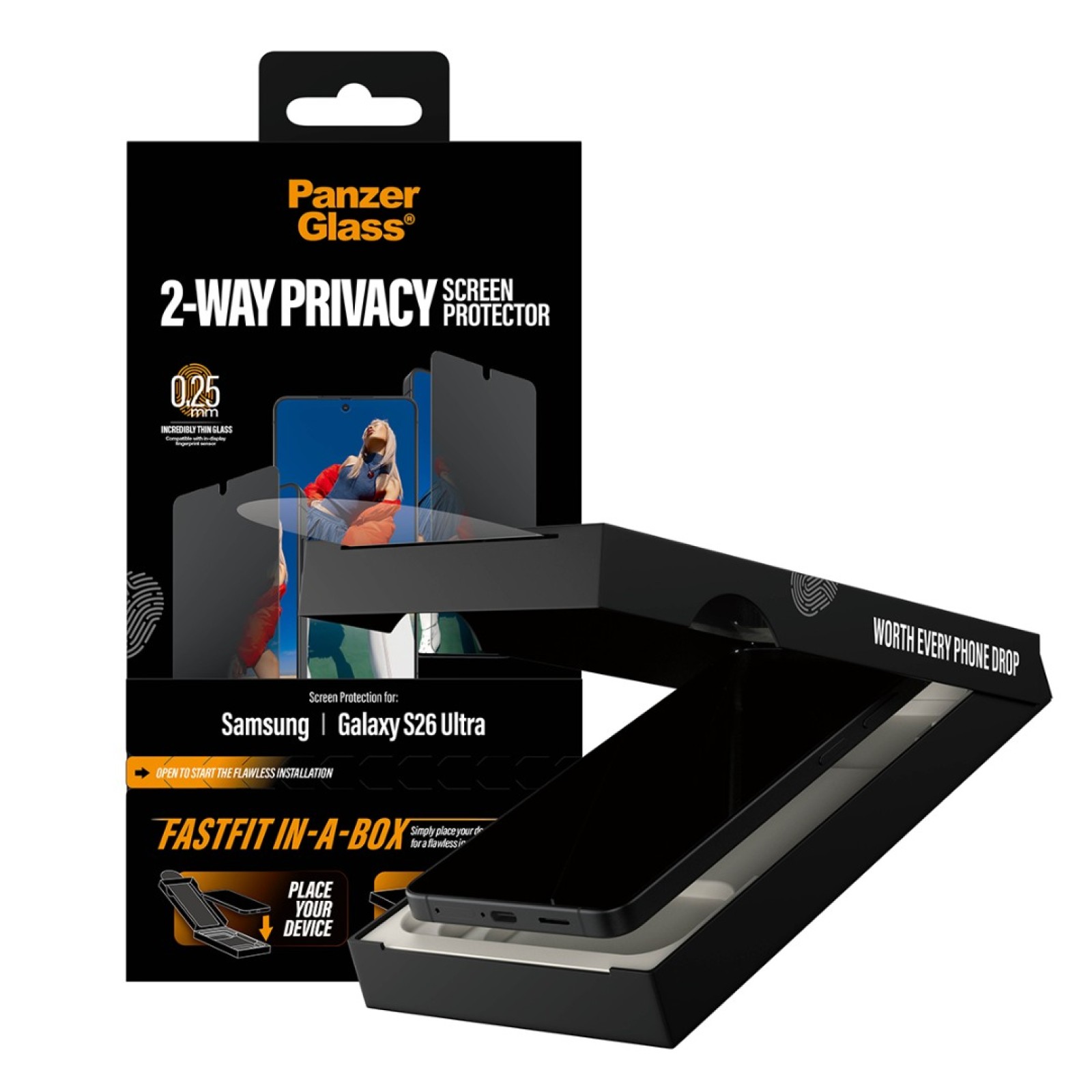 Стъклен протектор PanzerGlass за Samsung Galaxy S26 Ultra, 2-Way Privacy, Ultra-Wide Fit w. FASTFIT IN-A-BOX - Протектор за Samsung Galaxy S26 Ultra | Phoneplay.bg