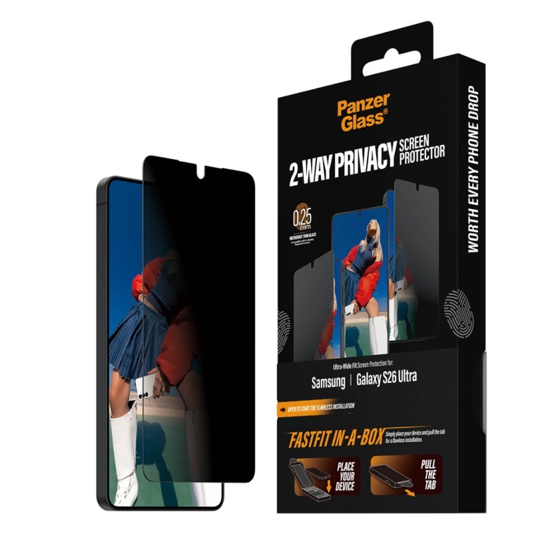Стъклен протектор PanzerGlass за Samsung Galaxy S26 Ultra, 2-Way Privacy, Ultra-Wide Fit w. FASTFIT IN-A-BOX - Протектор за Samsung Galaxy S26 Ultra | Phoneplay.bg