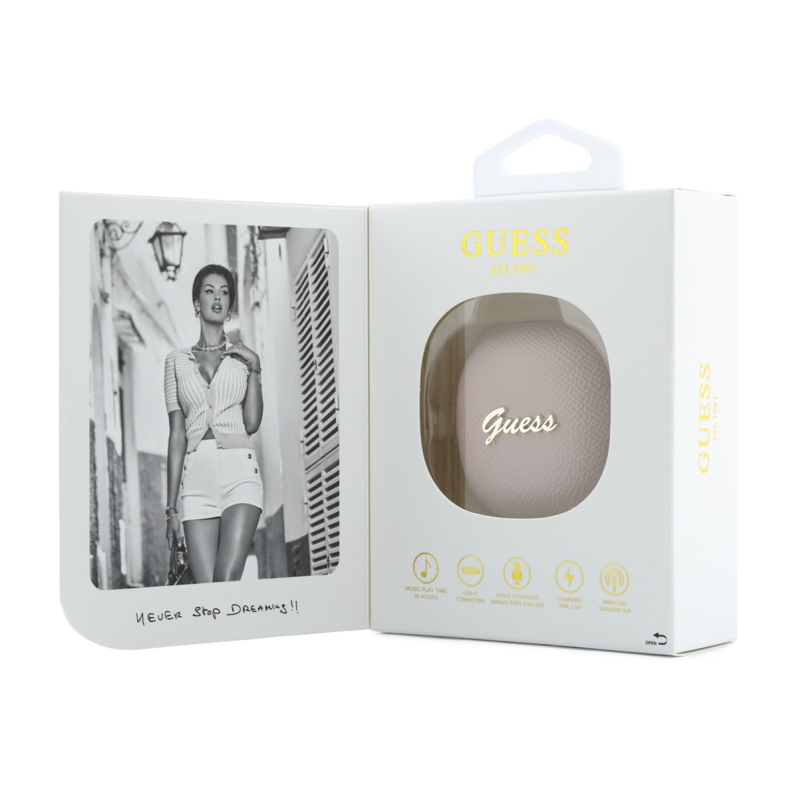 Bluetooth слушалки Guess TWS ENC Grained PU Square Script Metal - Розови