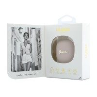 Bluetooth слушалки Guess TWS ENC Grained PU Square Script Metal - Розови