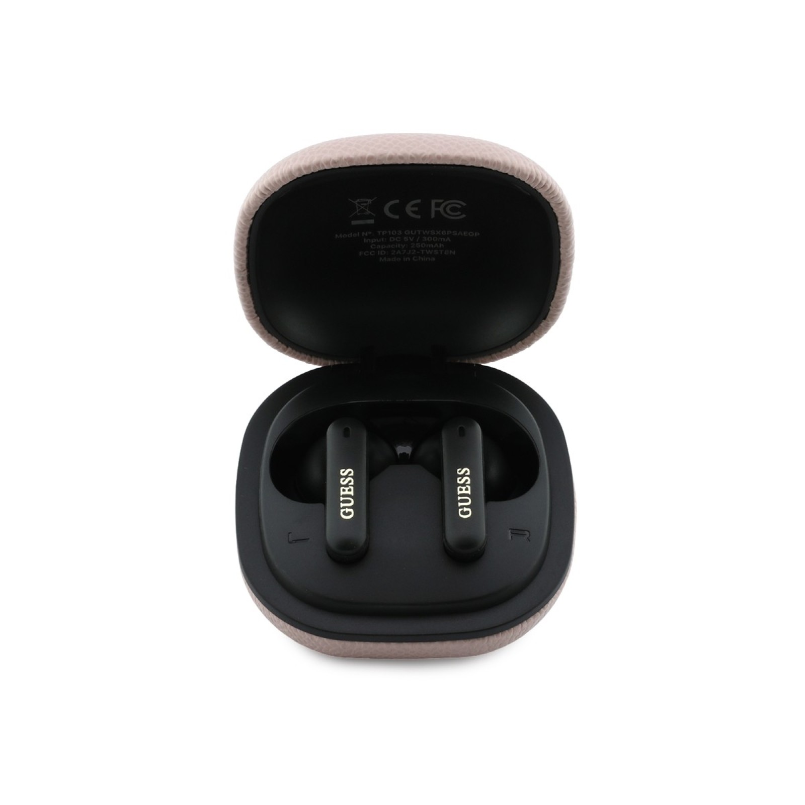 Bluetooth слушалки Guess TWS ENC Grained PU Square Script Metal - Розови