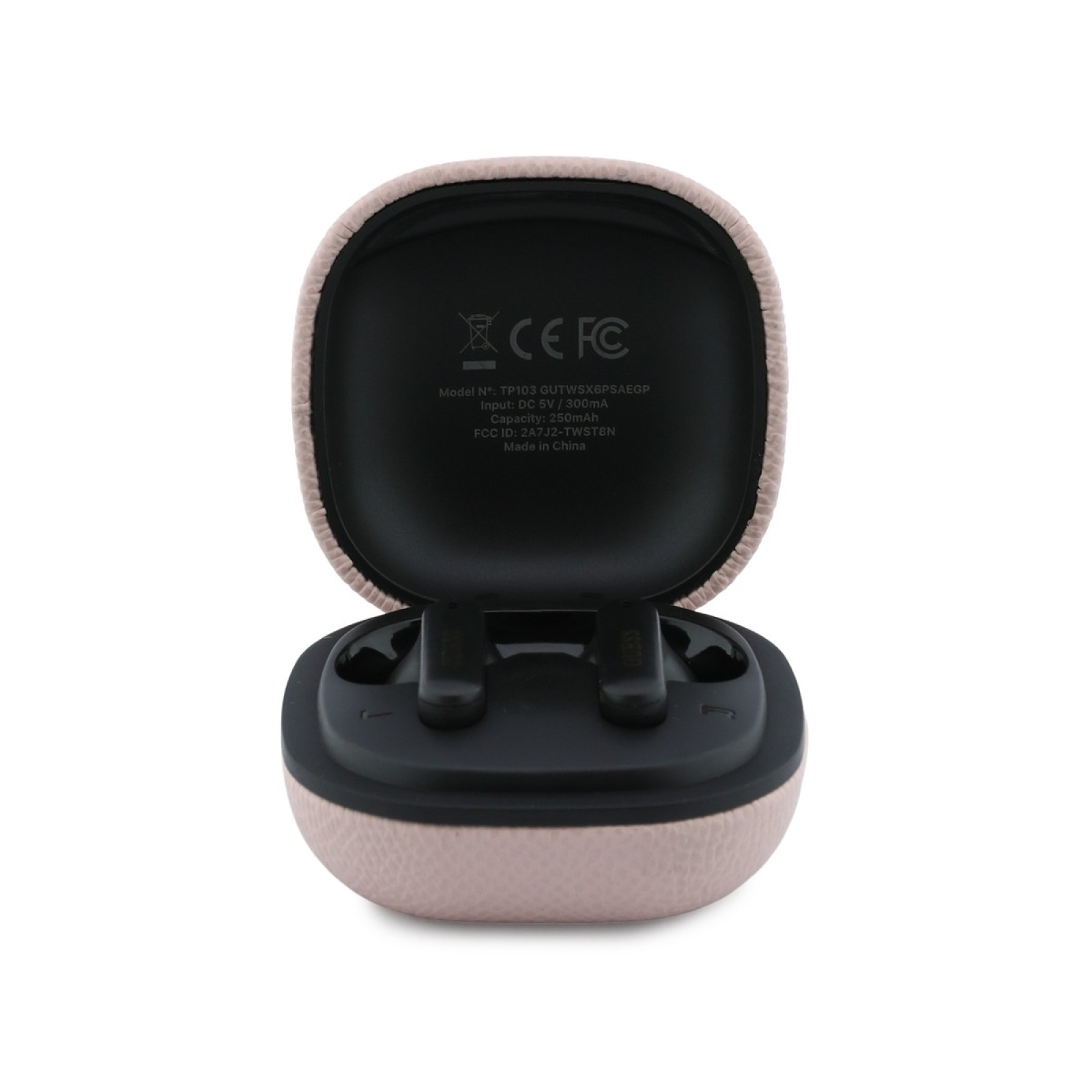 Bluetooth слушалки Guess TWS ENC Grained PU Square Script Metal - Розови
