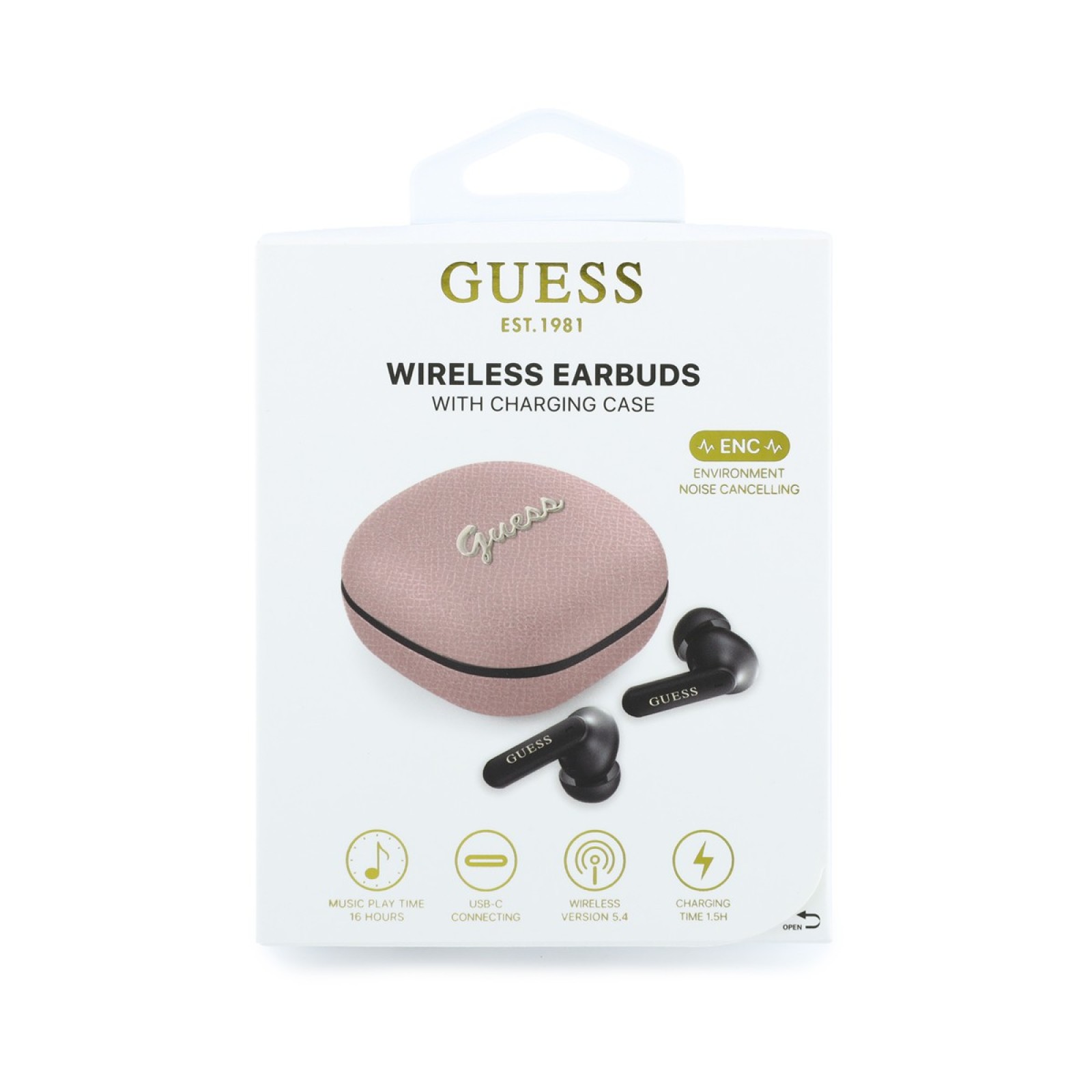 Bluetooth слушалки Guess TWS ENC Grained PU Square Script Metal - Розови