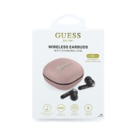 Bluetooth слушалки Guess TWS ENC Grained PU Square Script Metal - Розови