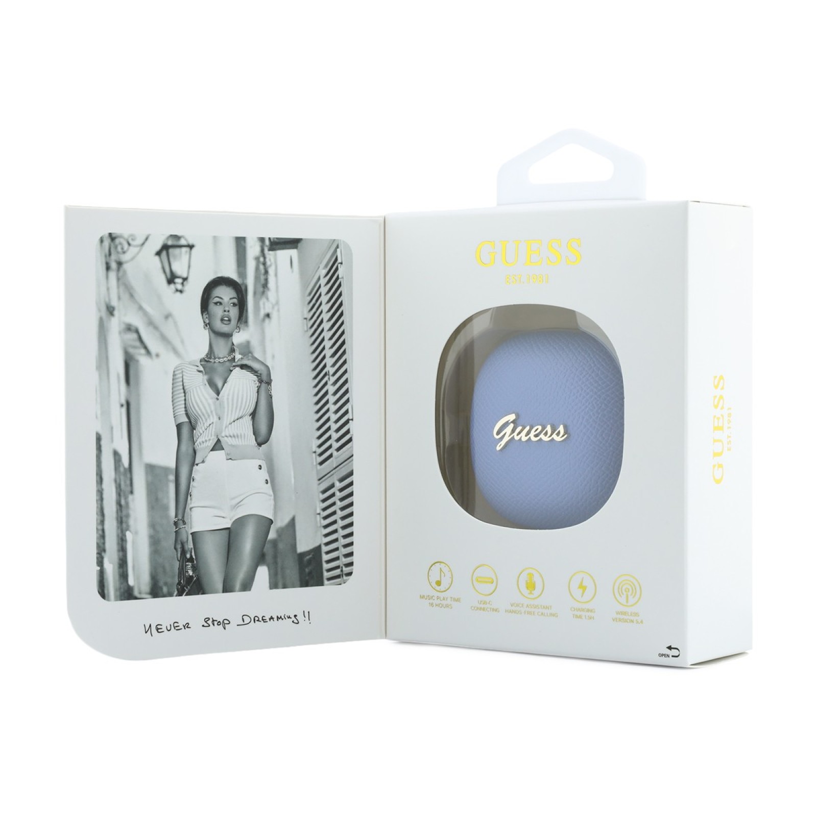 Bluetooth слушалки Guess TWS ENC Grained PU Square Script Metal - Светлосини