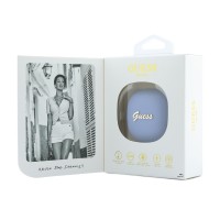 Bluetooth слушалки Guess TWS ENC Grained PU Square Script Metal - Светлосини