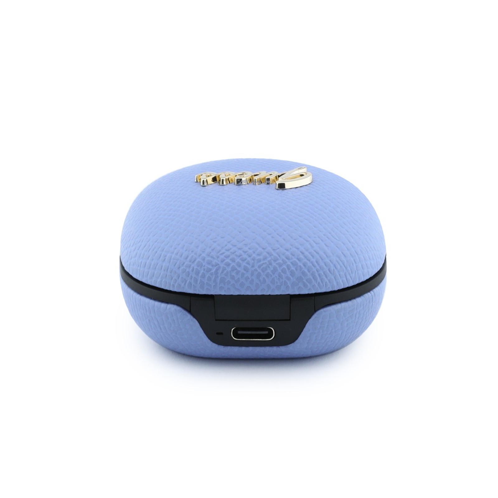 Bluetooth слушалки Guess TWS ENC Grained PU Square Script Metal - Светлосини