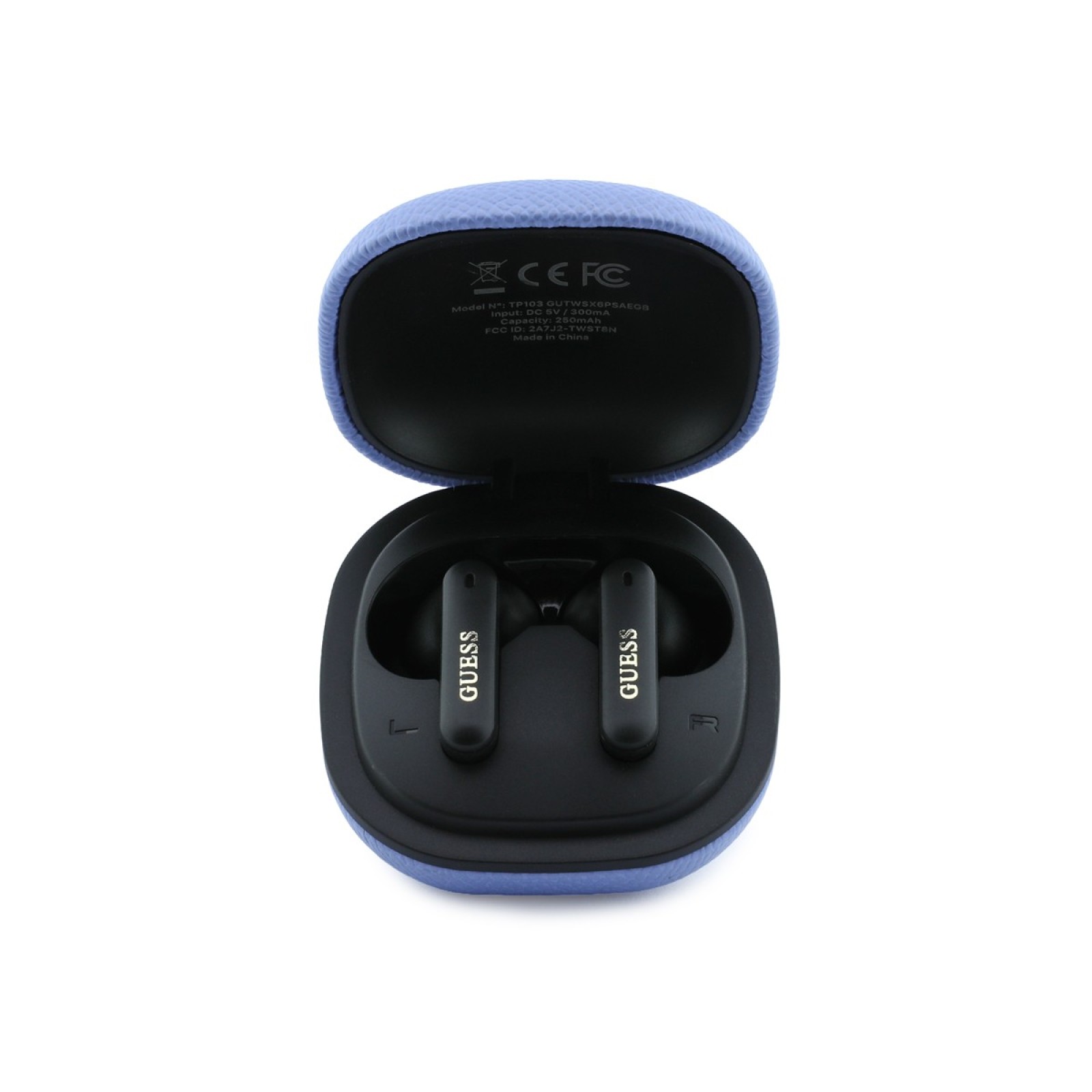 Bluetooth слушалки Guess TWS ENC Grained PU Square Script Metal - Светлосини