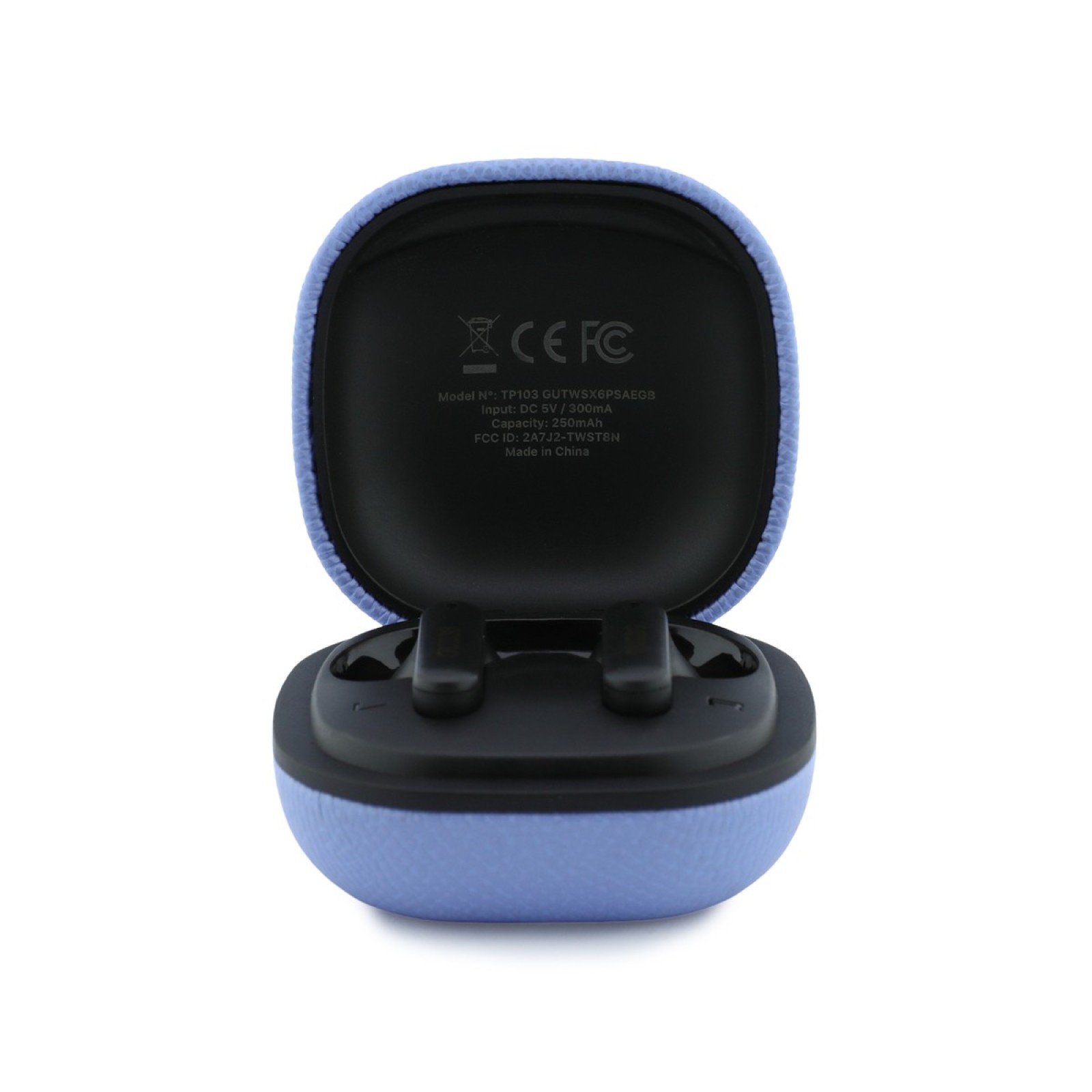 Bluetooth слушалки Guess TWS ENC Grained PU Square Script Metal - Светлосини