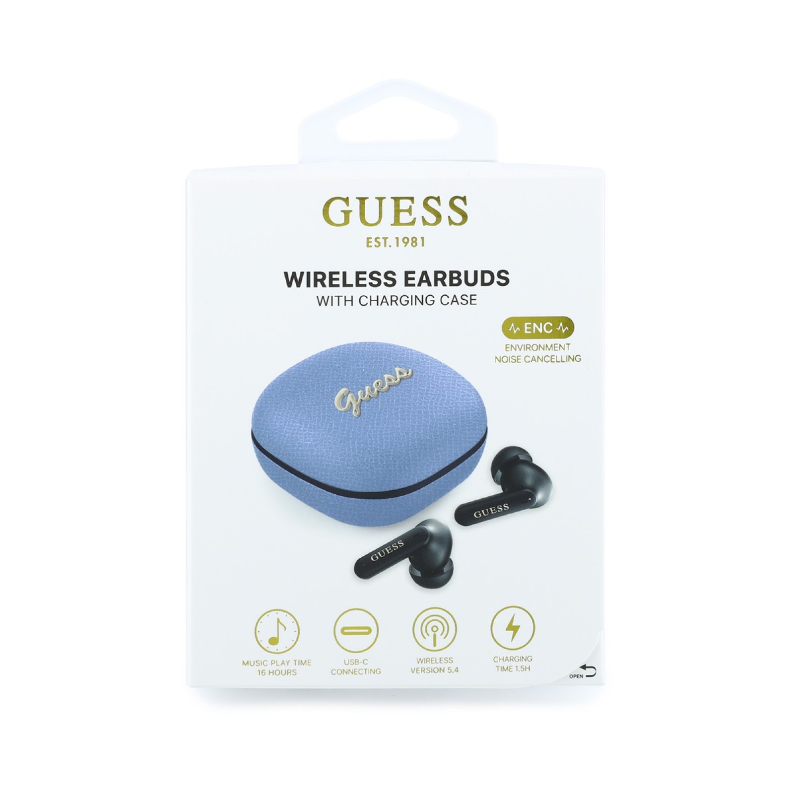 Bluetooth слушалки Guess TWS ENC Grained PU Square Script Metal - Светлосини