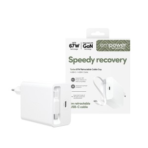 Зарядно 220V empower by PanzerGlass Turbo Retractable Cable Guy 67W с USB-C кабел, EU Plug - Silver White