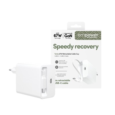 Зарядно 220V empower by PanzerGlass Turbo Retractable Cable Guy 67W с USB-C кабел, EU Plug - Silver White