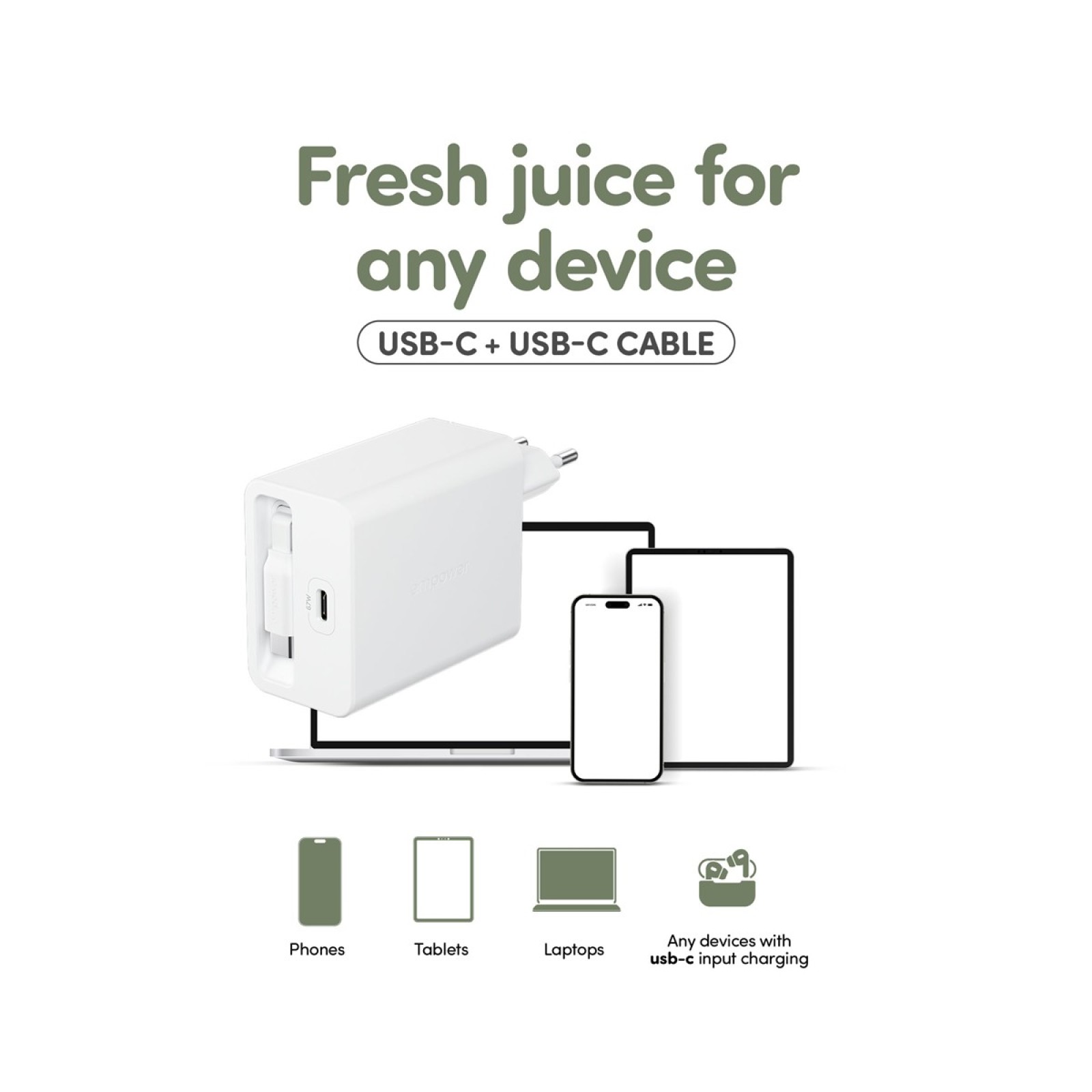 Зарядно 220V empower by PanzerGlass Turbo Retractable Cable Guy 67W с USB-C кабел, EU Plug - Silver White - Зарядни | Phoneplay.bg