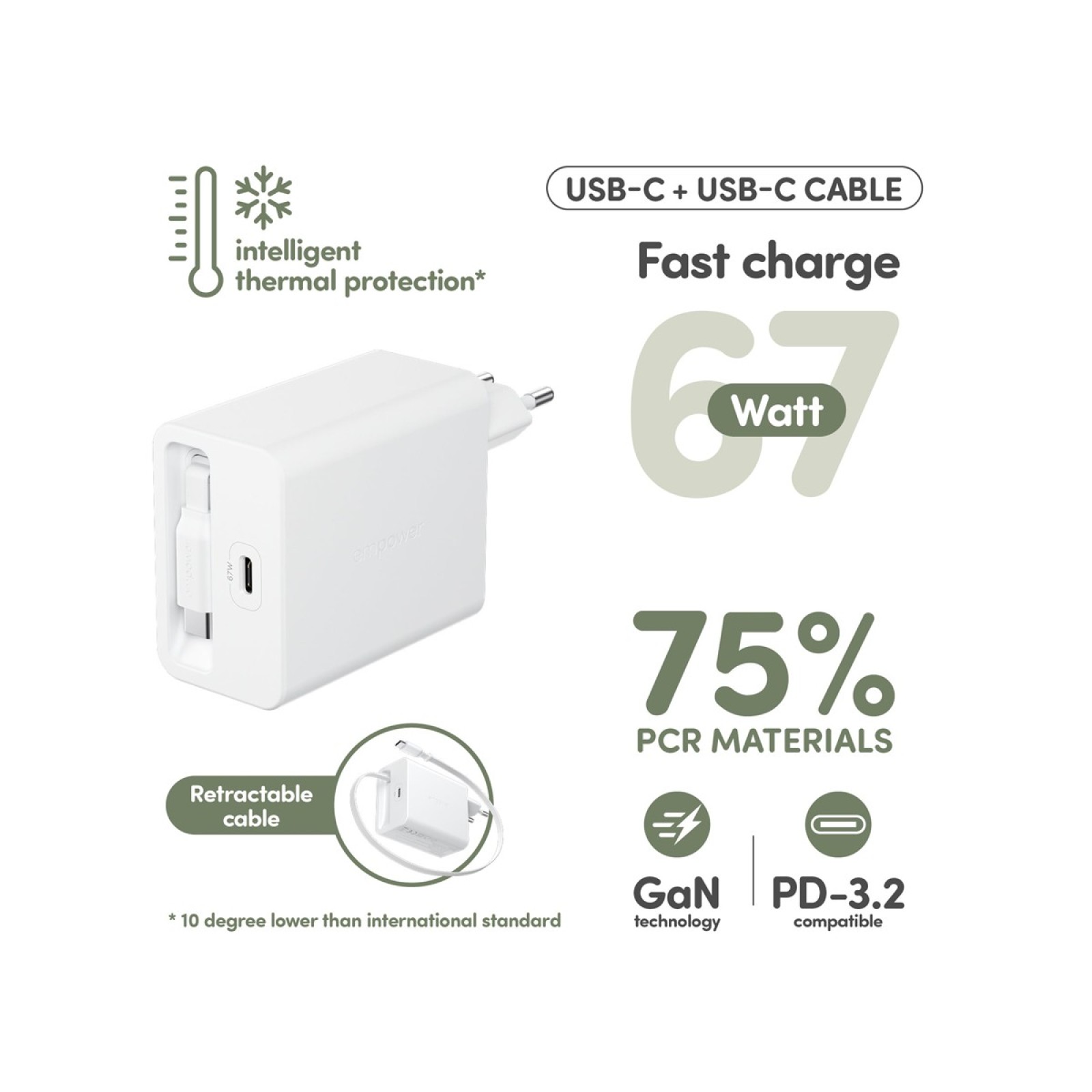Зарядно 220V empower by PanzerGlass Turbo Retractable Cable Guy 67W с USB-C кабел, EU Plug - Silver White - Зарядни | Phoneplay.bg