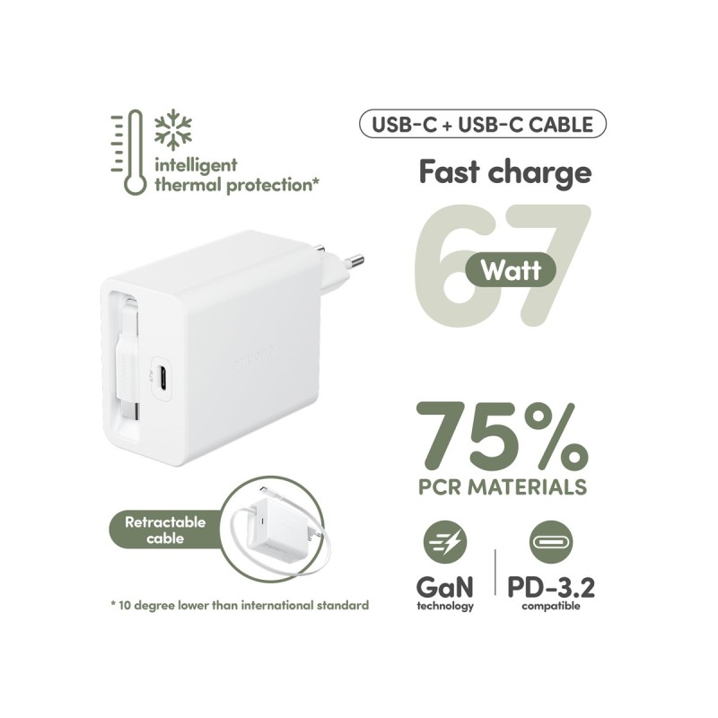 Зарядно 220V empower by PanzerGlass Turbo Retractable Cable Guy 67W с USB-C кабел, EU Plug - Silver White - Зарядни | Phoneplay.bg