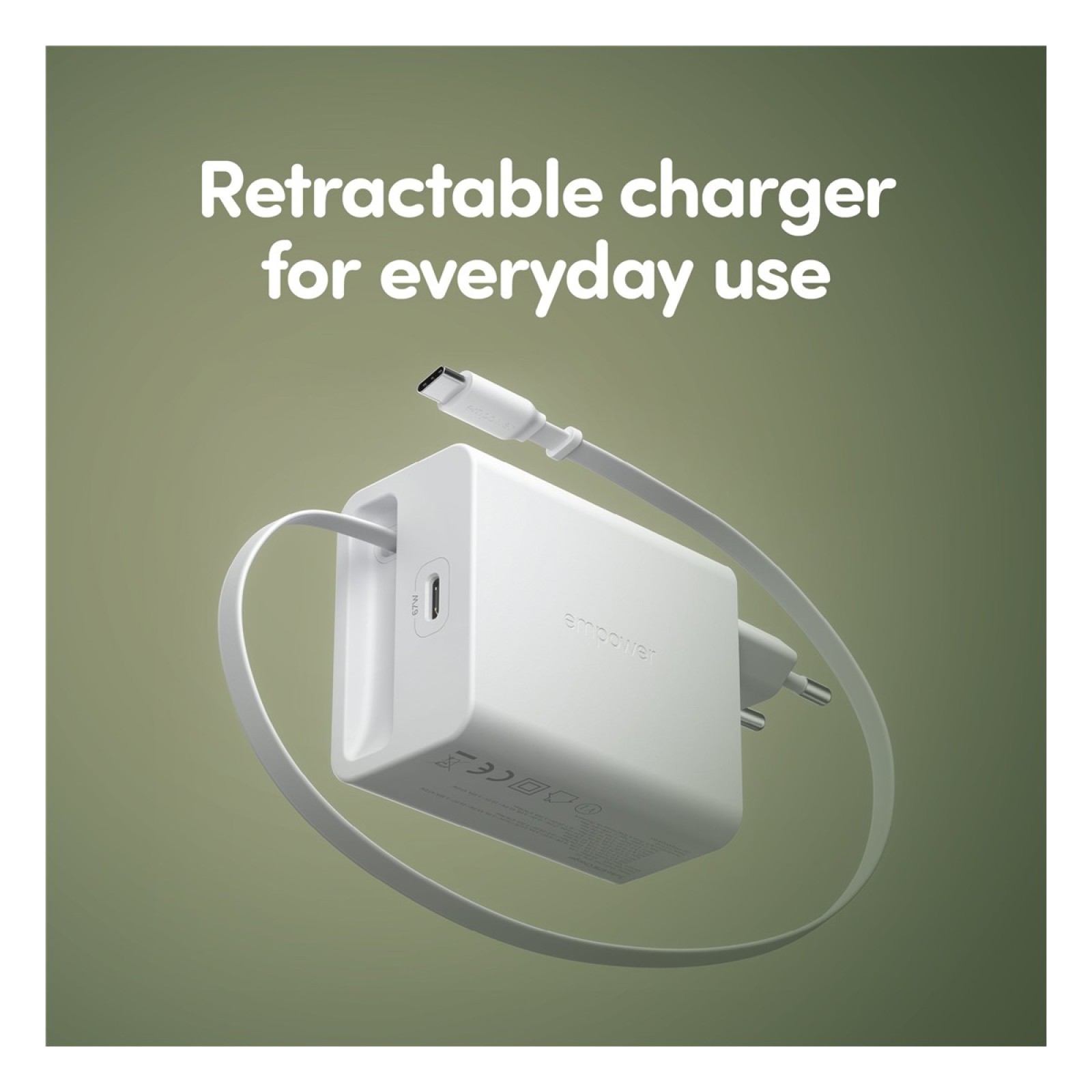 Зарядно 220V empower by PanzerGlass Turbo Retractable Cable Guy 67W с USB-C кабел, EU Plug - Silver White - Зарядни | Phoneplay.bg