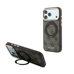 Кейс Guess за iPhone 18 Pro / 17 Pro, PU 4G Ring Stand MagSafe Case - Кафяв