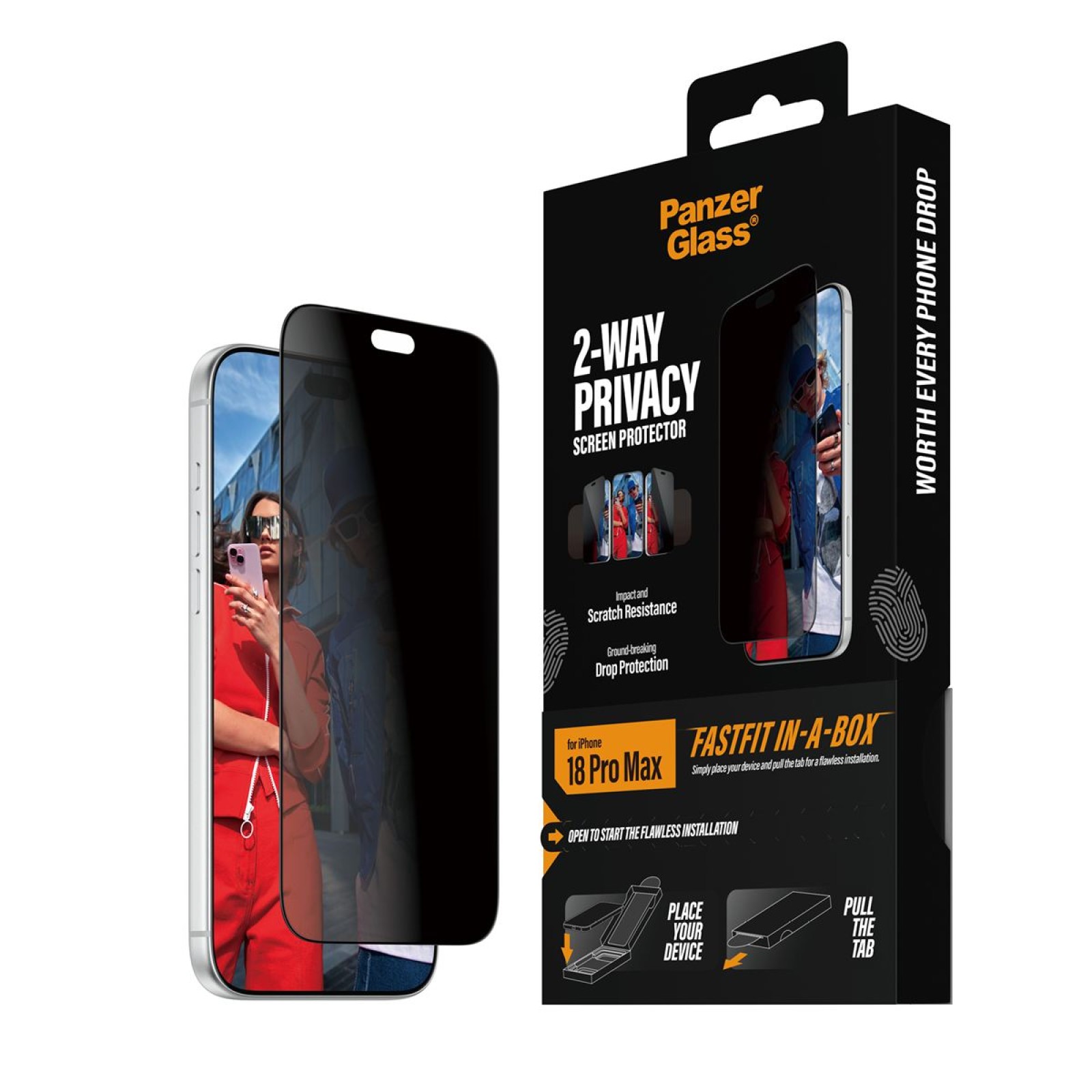 Стъклен протектор PanzerGlass за iPhone 18 Pro Max / 17 Pro Max, 2-Way Privacy, Ultra-Wide Fit w. FASTFIT IN-A-BOX | Phoneplay.bg