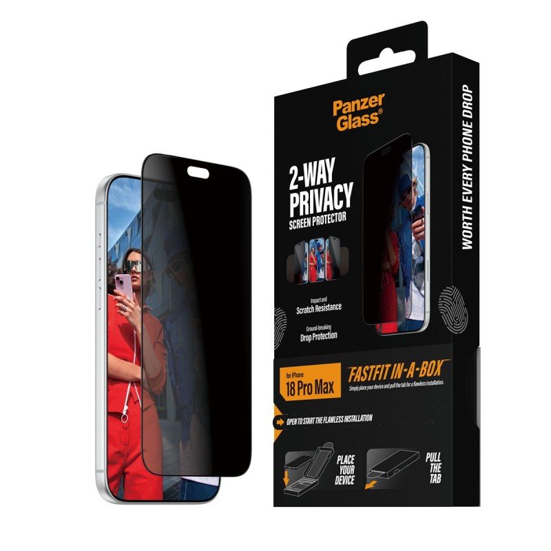 Стъклен протектор PanzerGlass за iPhone 18 Pro Max / 17 Pro Max, 2-Way Privacy, Ultra-Wide Fit w. FASTFIT IN-A-BOX | Phoneplay.bg