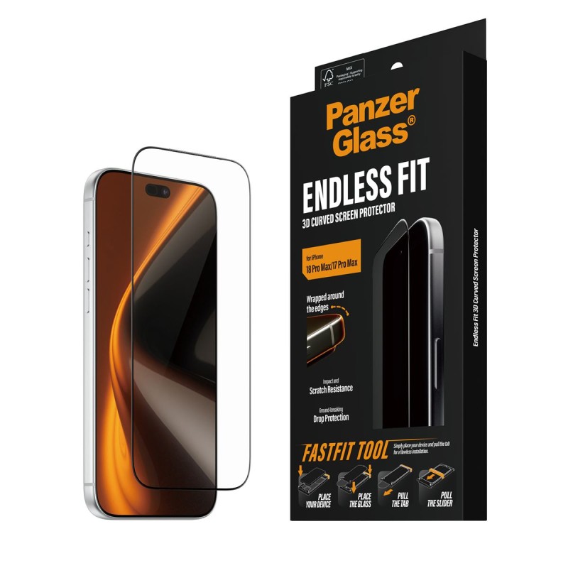 Стъклен протектор PanzerGlass за iPhone 18 Pro Max/17 Pro Max, Endless Fit 3D Curve w. FASTFIT IN-A-BOX
