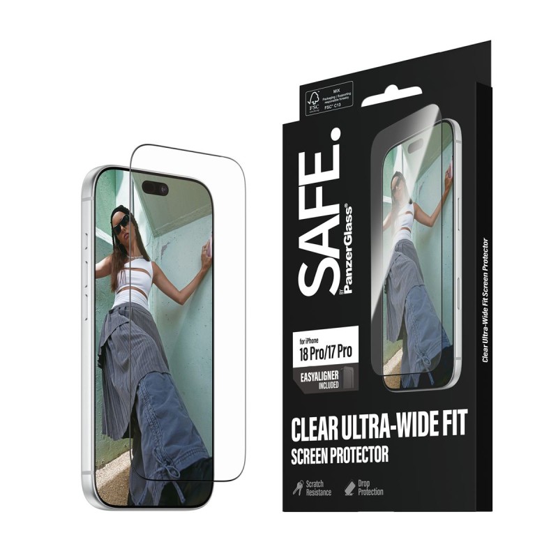 Стъклен протектор Safe за iPhone 18 Pro/17 Pro, Ultra-Wide Fit m. EasyAligner