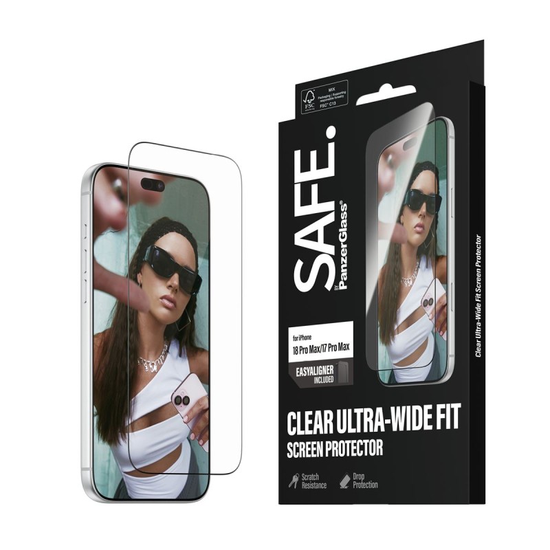 Стъклен протектор Safe за iPhone 18 Pro Max/17 Pro Max, Ultra-Wide Fit m. EasyAligner