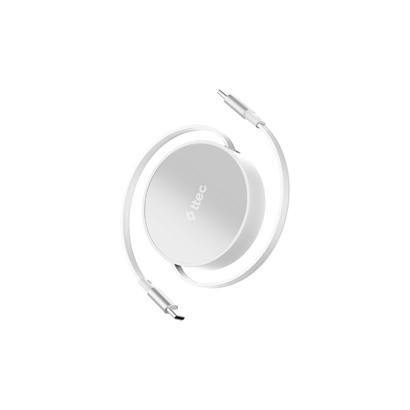 Data кабел ttec USB-C to USB-C Mini Retractable 100W PD/QC 120cm Fast Charge Cable, Lunar Shine - Бял - Data кабел и адаптери | Phoneplay.bg