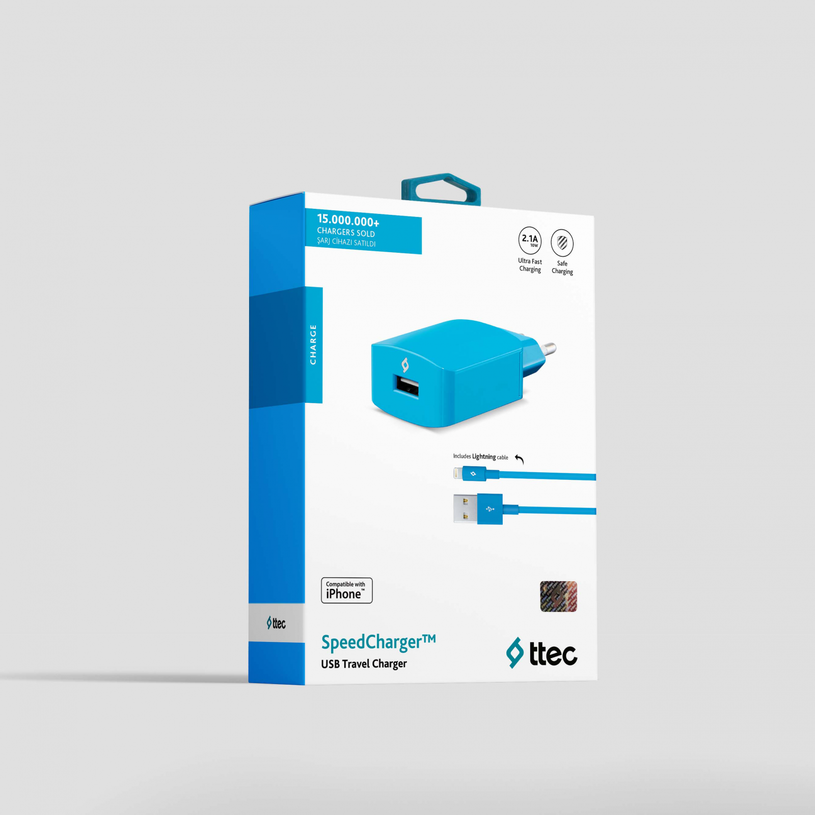 Зарядно 220V SpeedCharger USB Travel Charger, 2,1A, incl, Lightning Cable - Синьо,116579