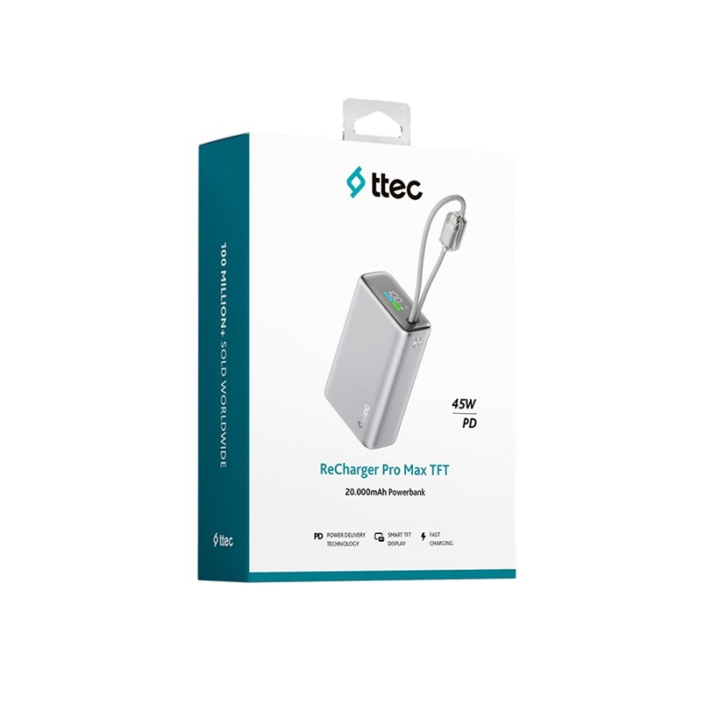 Външна батерия ttec ReCharger Pro Max TFT 20.000mAh PD 45W Powerbank with Built-in USB-C and Lightning Cable - Сребриста | Phoneplay.bg